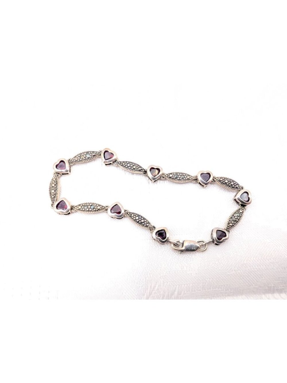 Sterling Silver 925 signed Marcasite Red Glass Heart Link Bracelet 7.25"